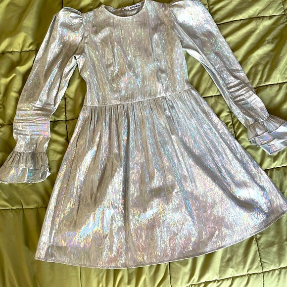 Batsheva Collarless Mini Prairie Dress - Holographic Silver Lamé - Picture 3 of 3